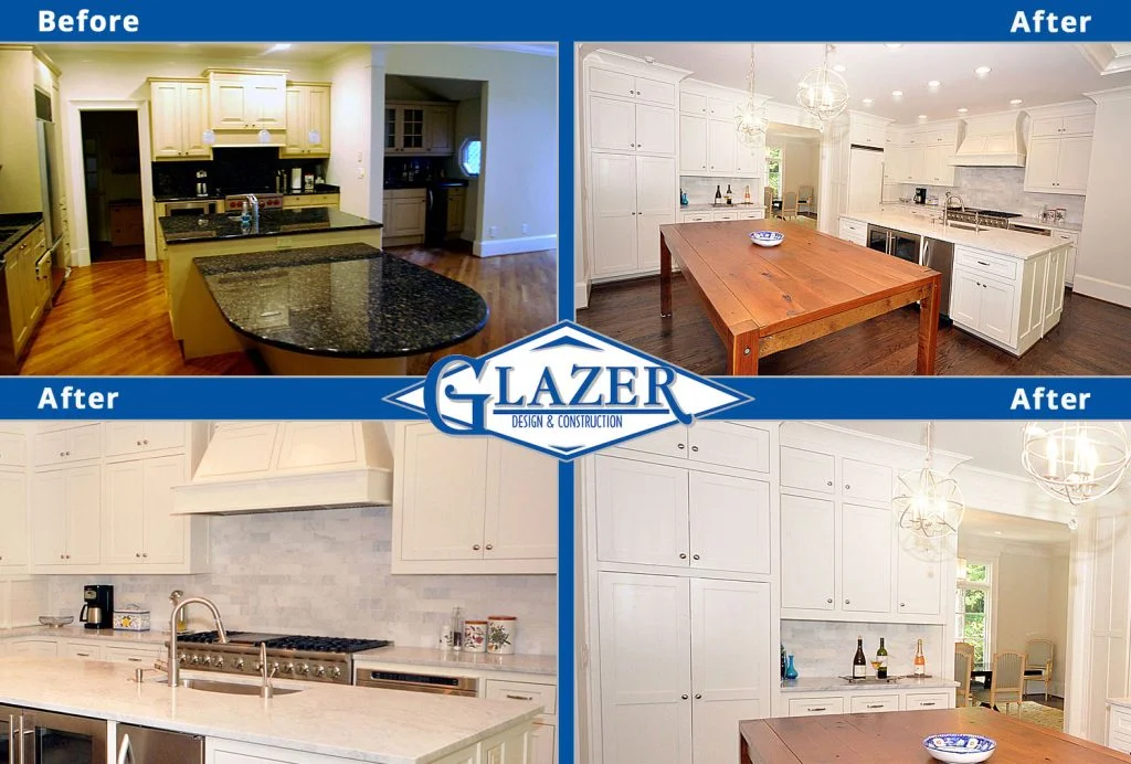 Kitchen renovation in Alpharetta, GA, Glazer Design & Construction, before and after collage of a dark granite kitchen updated with white cabinets, a custom range hood, marble tile backsplash, and a reclaimed wood table